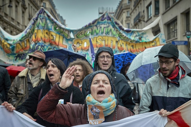 Demonstrations against the French Government's Pension Law ahead of a final decision on the law by French lawmakers on April 14, 2023 in Paris.