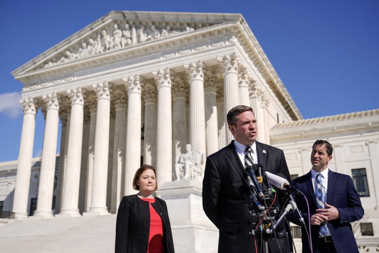 Missouri Attorney General Andrew Bailey speaks outside the Supreme Court on Feb. 28.