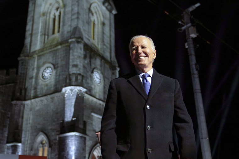 Image: President Joe Biden smiles at the crowd outside St. Muredach's Cathedral in Ballina, Ireland, on April 14, 2023.