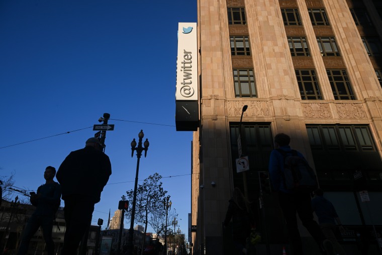 People walk by the Twitter Headquarters in San Francisco