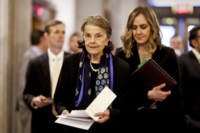 Sen. Dianne Feinstein, D-Calif., walks to the Senate chambers on Feb. 13, 2023.
