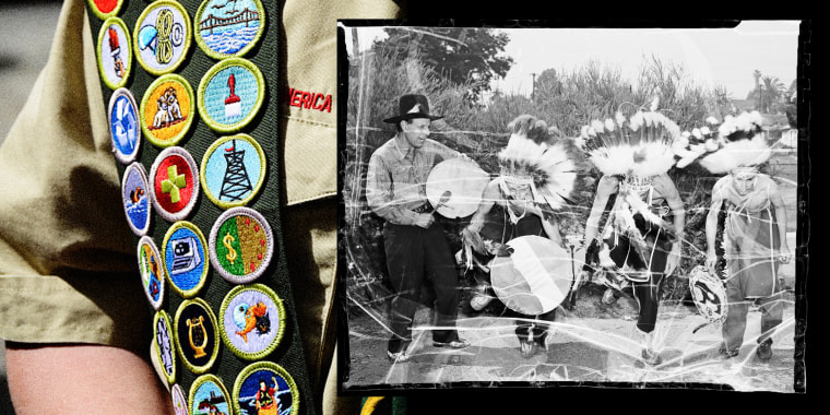 Photo Illustration: An image of a Boy Scout's sash with badges, and an archival image of Boy Scouts dressed up as Native Americans