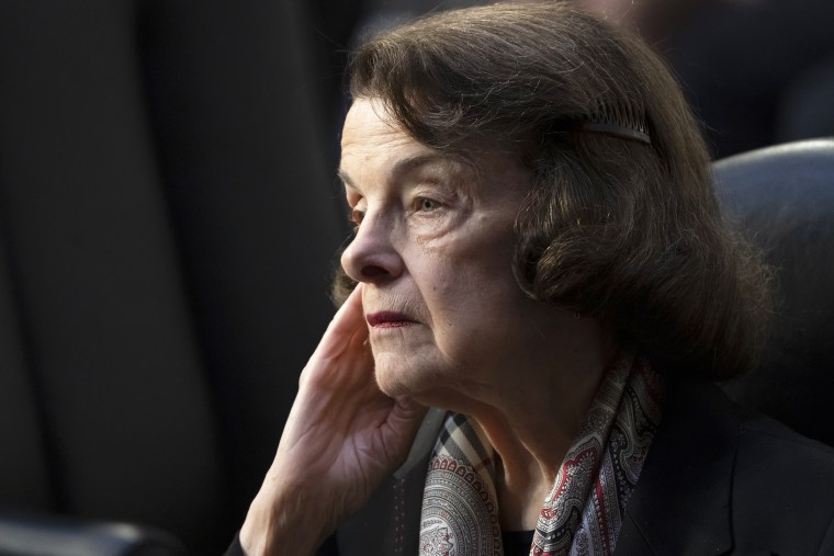 FILE - Sen. Dianne Feinstein, D-Calif., listens as the Senate Judiciary Committee begins debate on Ketanji Brown Jackson's nomination for the Supreme Court, in Washington, April 4, 2022.