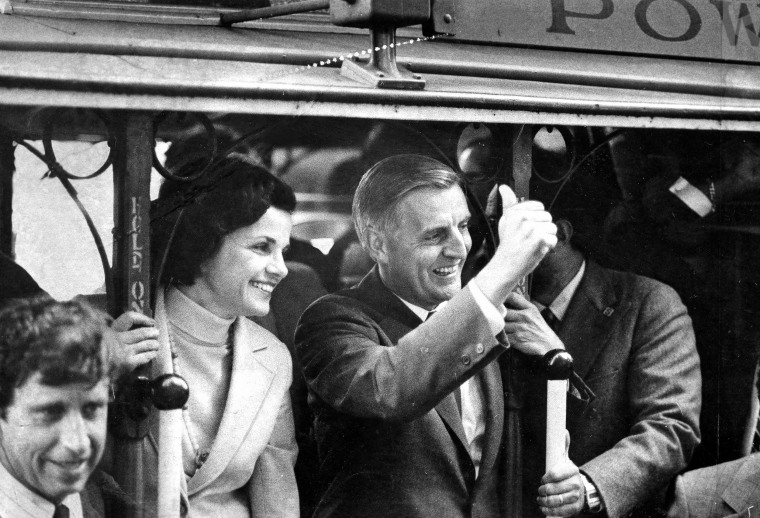 Walter Mondale with Dianne Feinstein on a cable car in San Francisco. Sept. 5, 1980.