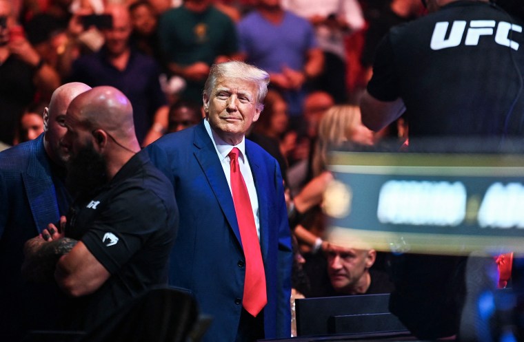 Former President Donald Trump attends the Ultimate Fighting Championship (UFC) 287 mixed martial arts event at the Kaseya Center in Miami, Florida, on April 8, 2023.