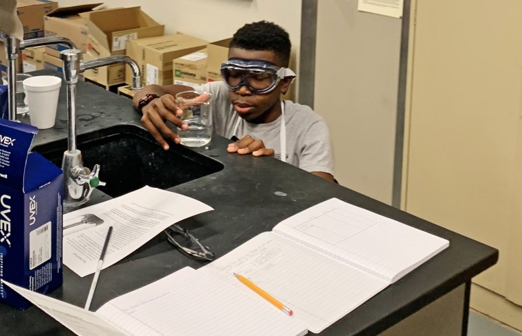 Ralph Yarl works in the chemistry lab at the Missouri Scholars Academy.