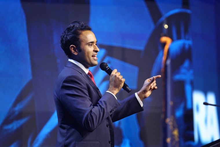 Republican presidential candidate Vivek Ramaswamy speaks at the National Rifle Association's annual meeting on April 14, 2023 in Indianapolis.