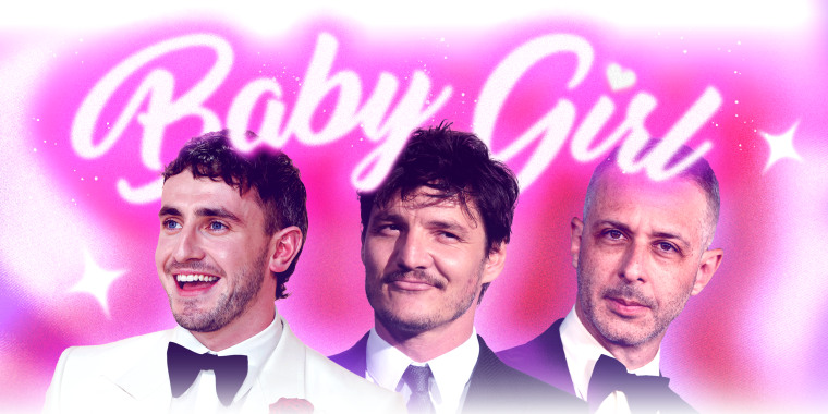 Actors Paul Mescal, Pedro Pascal, and Jeremy Strong against a pink air-bushed background; text overlay reads "Baby Girl" in white script lettering