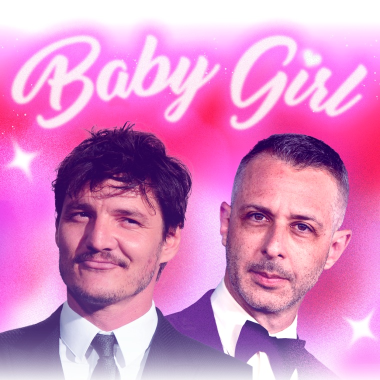 Actors Paul Mescal, Pedro Pascal, and Jeremy Strong against a pink air-bushed background; text overlay reads "Baby Girl" in white script lettering 