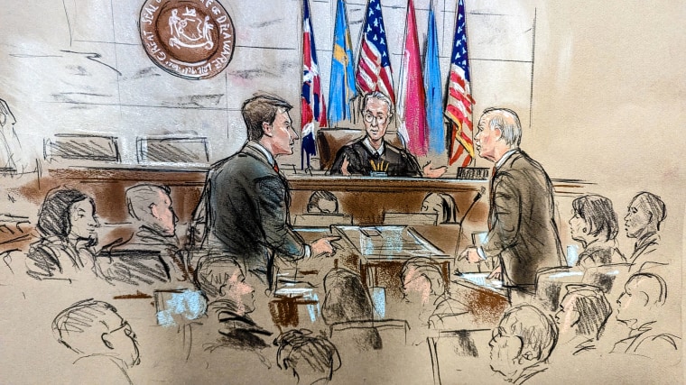 Members of the legal teams representing Dominion Voting Systems, left, and Fox News, at the Leonard Williams Justice Center in Delaware Superior Court on April 18, 2023 in Wilmington, Del.