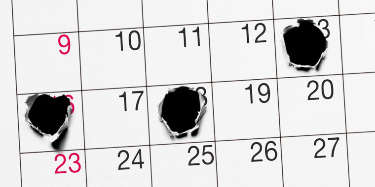 Photo Illustration: A calendar (April 2023) that is marked by bullet holes on the 13th, 16th, and 18th of the month
