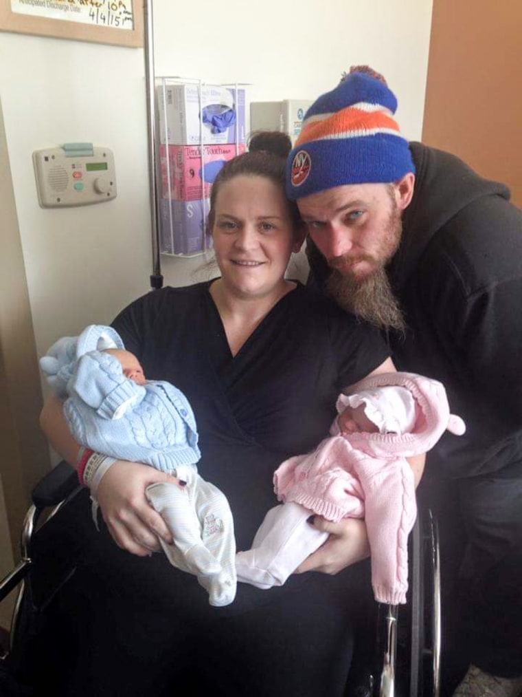 Kiersten Connolly, James Hatch and their twin babies, Jameson, left, and Dorothy. Jameson died in a Rock 'n Play at 6 weeks old in May 2015.
