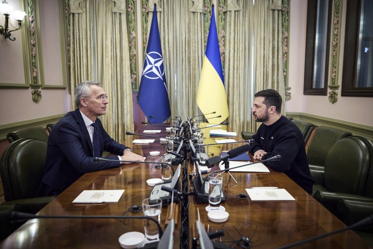 Image: NATO Secretary General Jens Stoltenberg, left, and Ukrainian President Volodymyr Zelenskyy, right, talk during their meeting in Kyiv, Ukraine on April 20, 2023. 