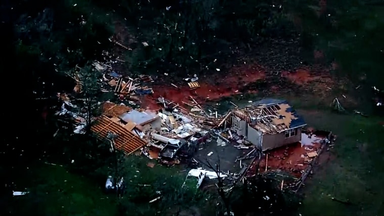 Damage to a home in Cole, Okla., after a possible tornado hit the area on Wednesday, April 19, 2023.