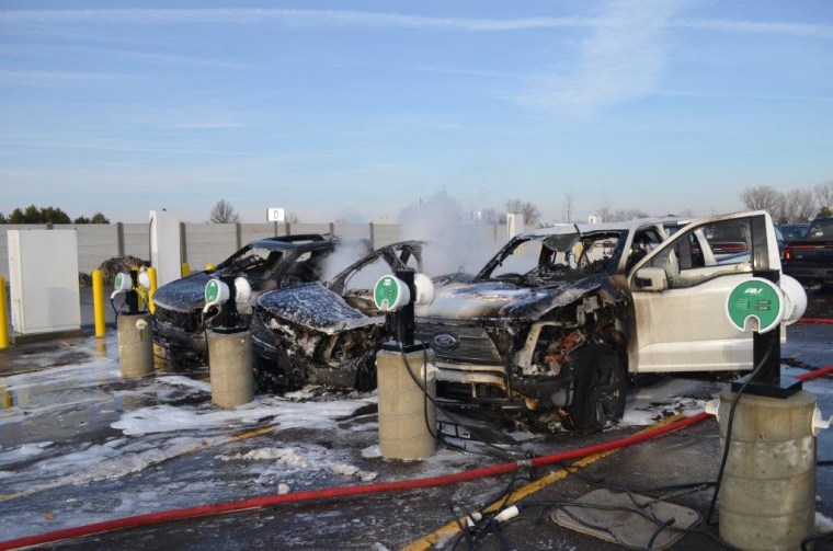An electric Ford F-150 Lightning caught fire on Feb. 4 because of a battery issue traced to one of the automaker’s suppliers. The blaze spread to three electric pickups in a Ford holding lot in Dearborn, Mich.
