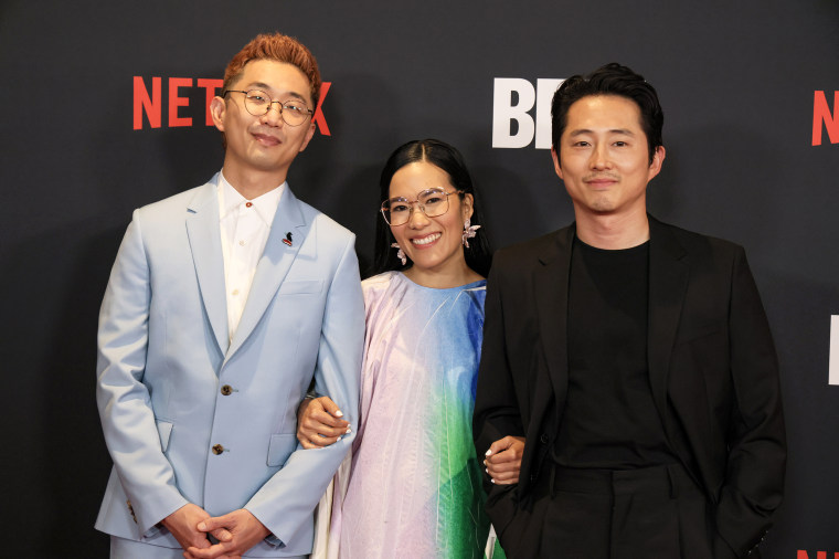 (L-R) Lee Sung Jin, Ali Wong, and Steven Yeun attend the Los Angeles premiere of Netflix's "BEEF" at TUDUM Theater on March 30, 2023 in Hollywood, California. (Photo by Rodin Eckenroth/FilmMagic)