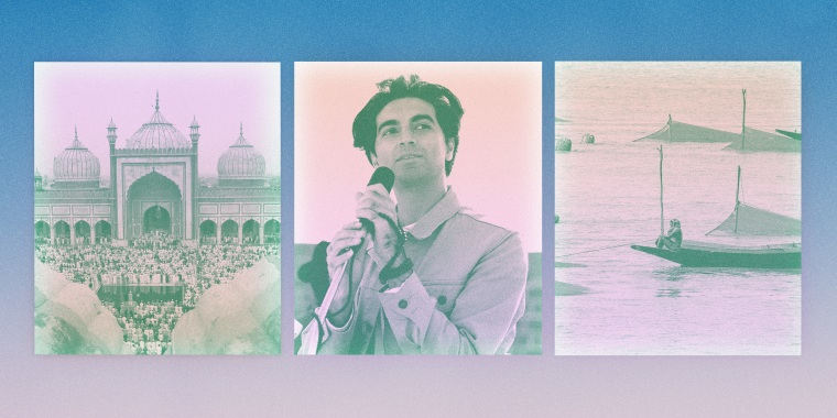 Three images of a mosque, activist Saad Amer, and a woman on a boat against a blue and purple gradient background 