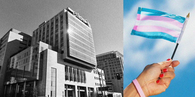 Photos of the St. Louis Children's Hospital and a hand holding a transgender pride flag.