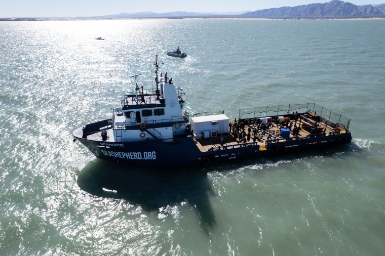 A boat deployed to aid efforts to save the endangered vaquita sails during a media presentation near San Felipe, Mexico.