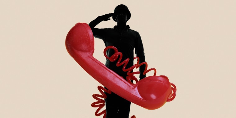 Photo illustration of a silhouette making a military salute, wrapped in a phone cord connected to a large red phone.