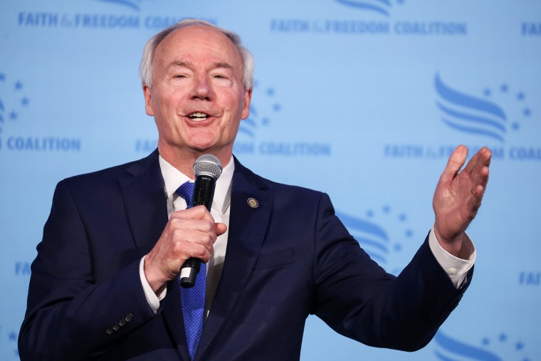 Republican presidential candidate and former Arkansas Gov. Asa Hutchinson at the Iowa Faith & Freedom Coalition Spring Kick-Off on April 22, 2023, in Clive, Iowa.