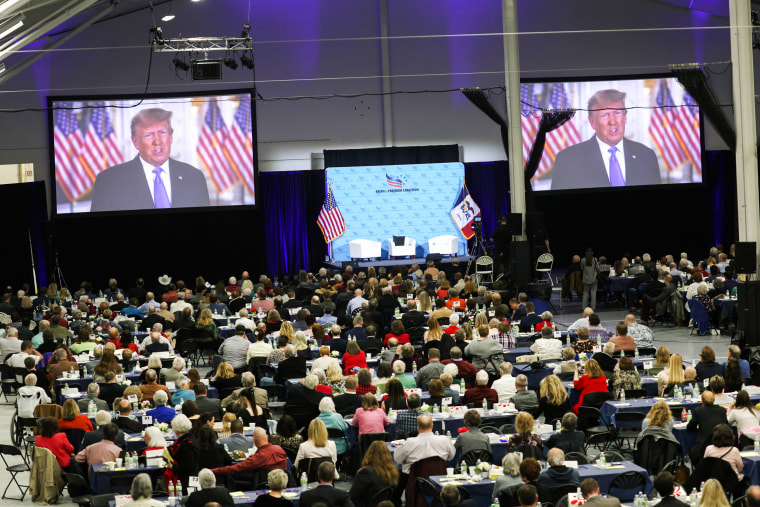 Former President Donald Trump at the Iowa Faith & Freedom Coalition Spring Kick-Off on April 22, 2023, in Clive, Iowa.