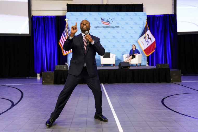 Sen. Tim Scott, RS.C., speaks at the Iowa Faith and Freedom Coalition spring launch on Saturday, April 22, 2023, in Clive, Iowa.