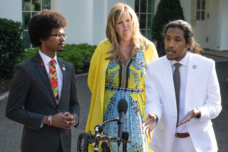 Tennessee Democrats expelled from the Tennessee state legislature over gun control protest Justin Jones (R) and Justin Pearson (L), as well as Tennessee Democrat Gloria Johnson (C) speak at the stakeout location, after a meeting with US President Joe Biden discussing their efforts to ban assault weapons, at the White House in Washington, DC, on April 24, 2023.