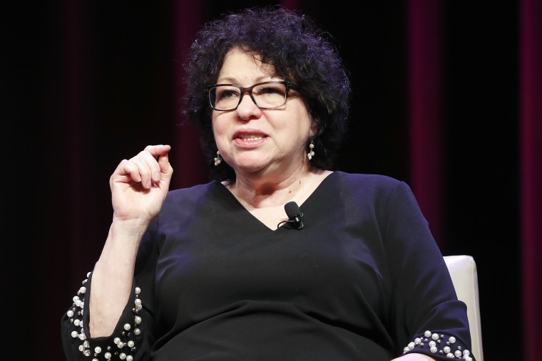 Supreme Court Associate Justice Sonia Sotomayor gestures while speaking with actress Eva Longoria Baston to discuss Sotomayor's life story and promote her new book during an event at George Washington University, Friday, March 1, 2019 in Washington.