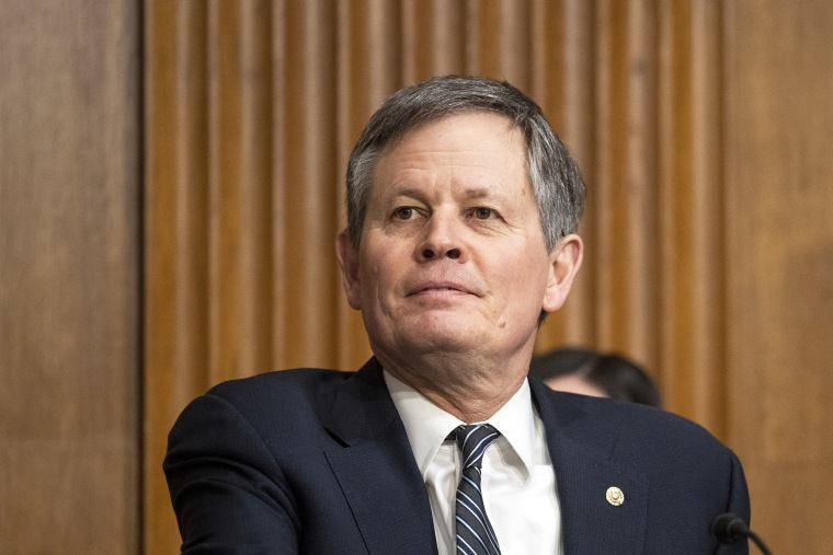 WASHINGTON - MARCH 22: Sen. Steve Daines, R-Mont., participates in the Senate Finance Committee hearing on "The President's FY2024 Health and Human Services Budget" in the Dirksen Senate Office Building on Wednesday, March 22, 2023.