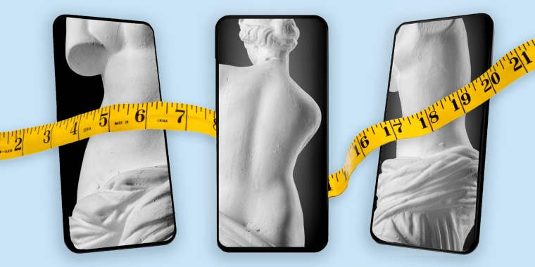 Photo Illustration: Different parts of the Venus de Milo is split across 3 iPhone screens, while a measuring tape weaves through them