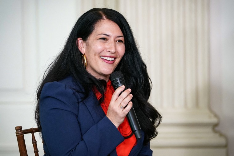 Poet Ada Limón, 24th Poet Laureate of the United States by the Librarian of Congress, speaks during an event in the State Dining Room of the White House on Sept. 27, 2022. 