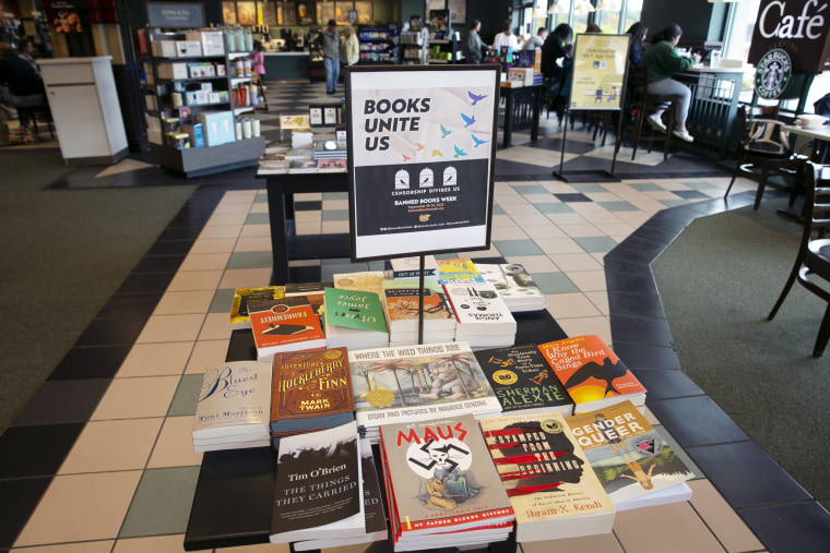 A display of banned books at a Barnes & Noble book in Pittsford, New York