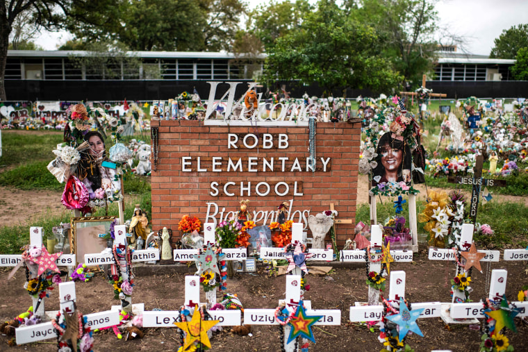 Crosses set up to honor those who lost their lives during the Robb Elementary School shooting in Uvalde, Texas on Nov. 8, 2022.