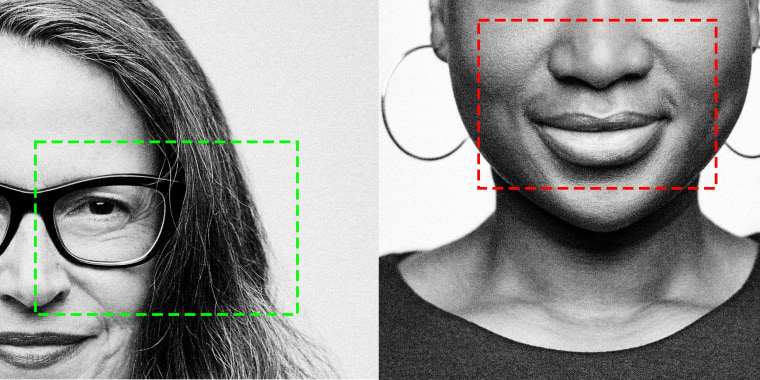 Photo Illustration: A white woman and Black woman with AI boxes over their facial features