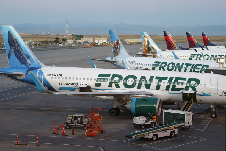 Frontier Airlines plane at Denver International Airport in Denver, Colo.
