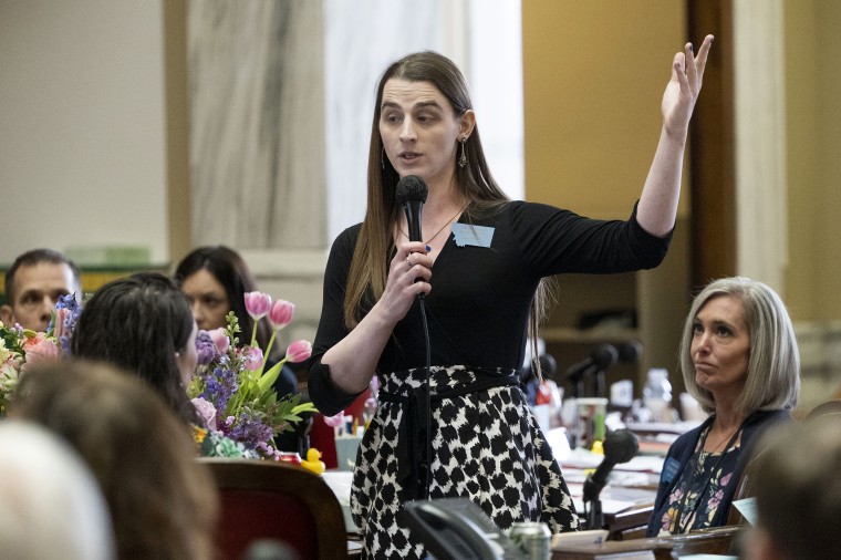 Rep. Zooey Zephyr, D-Mon., speaks on the House floor for the first time in a week during a session at the Montana State Capitol in Helena, Mont., on April 26, 2023.