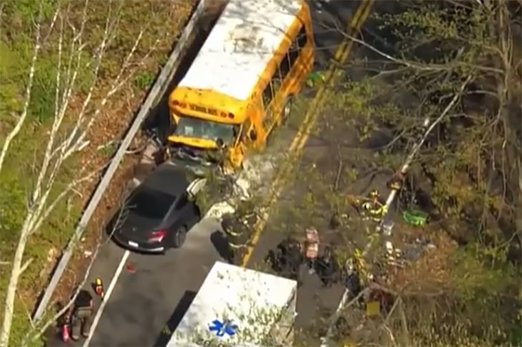 Car crashes into bus. Emergency personnel investigate the scene of a auto accident in New Castle, Mount Kisco, N.Y., on April 26, 2023.