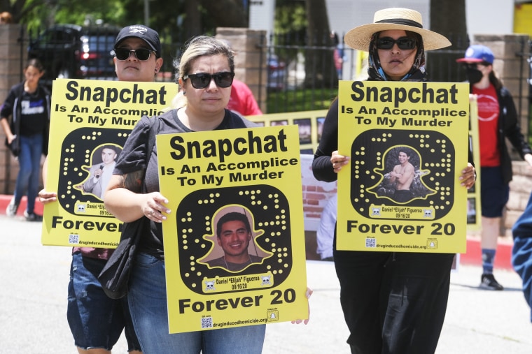 People protest outside of Snapchat's headquarters following fatal fentanyl overdoes attributed to the app in Santa Monica, Calif.