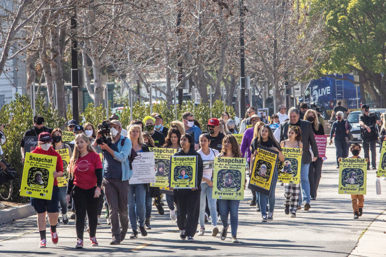 People protest illicit drug availability to children on Snapchat near the Snap, Inc. headquarters