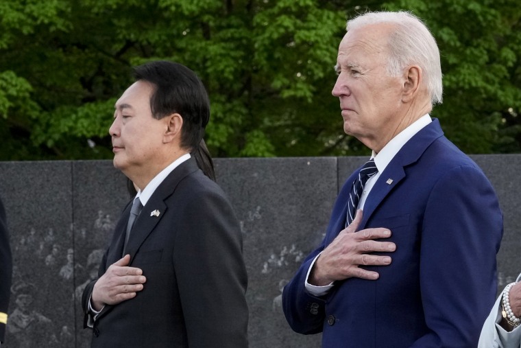 President Joe Biden and South Korean President Yoon Suk Yeol at the Korean War Veterans Memorial in Washington on April 25, 2023.