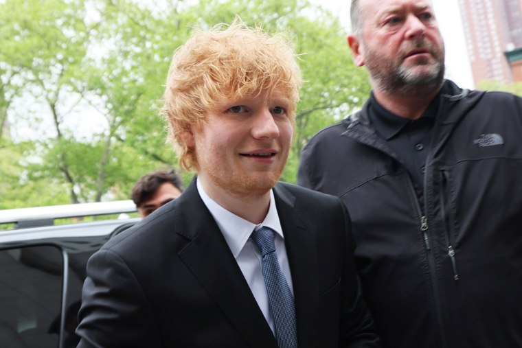 Musician Ed Sheeran arrives for his copyright infringement trial at Manhattan Federal Court on April 27, 2023 in New York City. Sheeran is being sued for copyright infringement for his 2014 hit â€œThinking Out Loud.â€ He is accused of copying Marvin Gayeâ€™s legendary R&B song â€œLetâ€™s Get It Onâ€. 