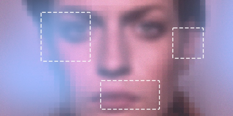 Photo illustration of a blurry and pixelated person with digitized boxes selecting features of her face.