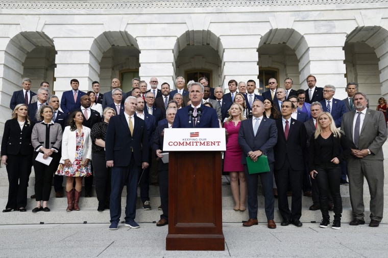 Kevin McCarthy at an event celebrating 100 days of House Republican rule at the Capitol Building
