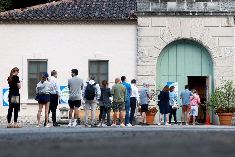 Voters wait in line to cast their ballot at a polling station on November 08, 2022 in Miami, Florida. After months of candidates campaigning, Americans are voting in the midterm elections to decide close races across the nation.