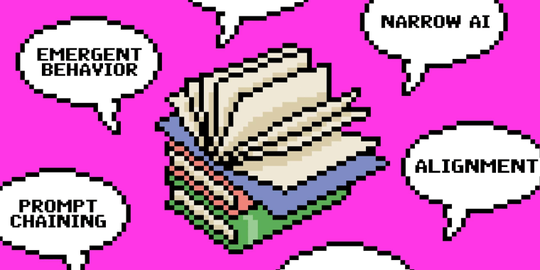 Photo Illustration: An open book surrounded by chat bubbles with AI-related vocabulary, rendered in the style of an 8 bit video game