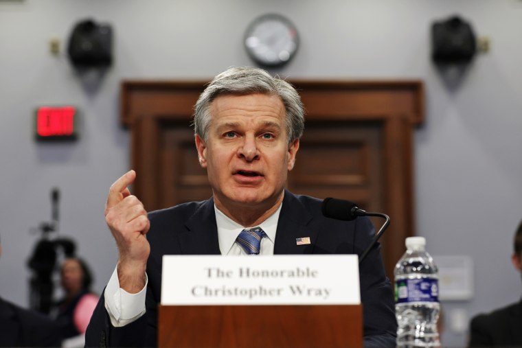 FBI Director Christopher Wray testifies on Capitol Hill on April 27, 2023.