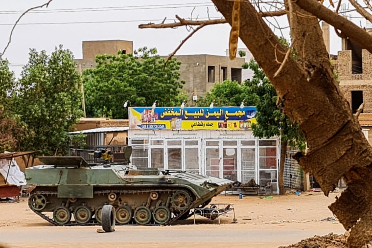 A tank at a checkpoint in Khartoum, Sudan, on April 30, 2023.