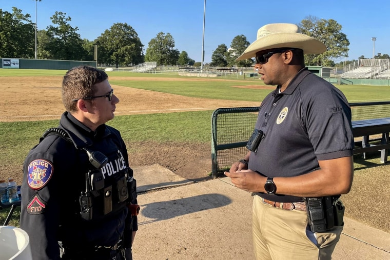 Officers from the Texarkana Texas Police Dept. respond after a baseball player was shot dead by Texas A&M Arkana during a game April 29, 2023.