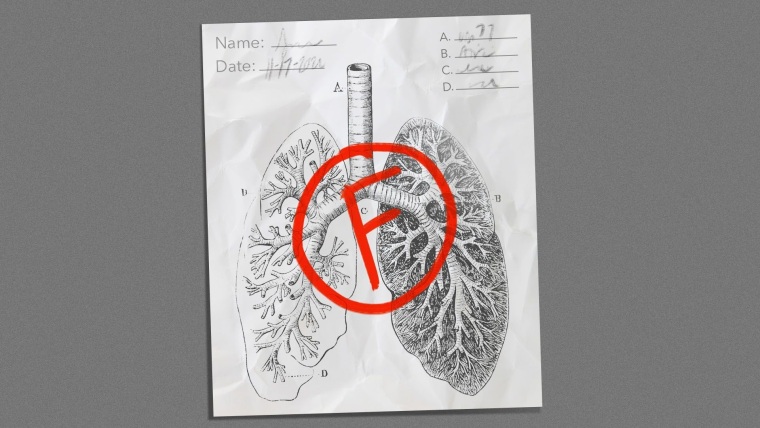 Ilustración de un papel con un dibujo de un pulmón sobre el cual hay un círculo rojo que dice "F", en representación de la calificación reprobatoria de los niveles de calidad del aire